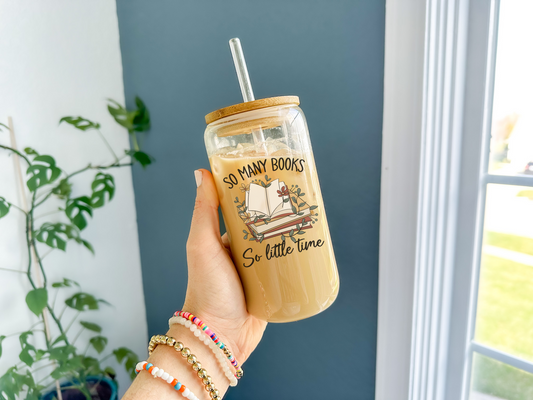 So Many Books...Glass Cup – 16oz Iced Coffee Cup
