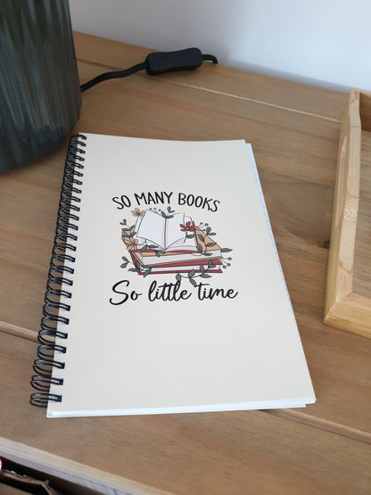 Notebook with spiral binding on a wooden surface.
